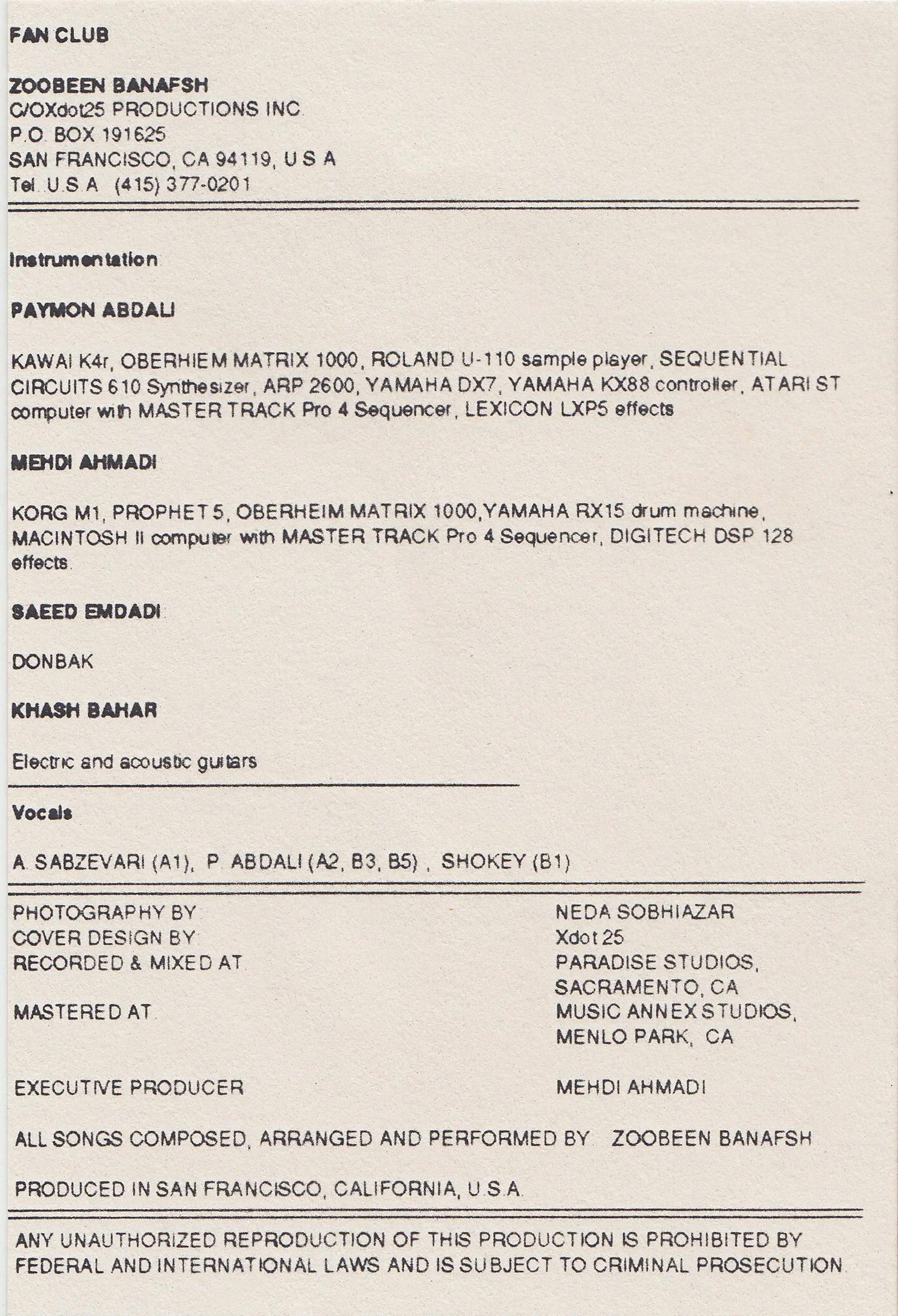Credits of the second pressing